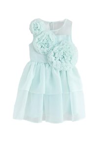 Robe sans manches bleu clair à couches avec un haut transparent et trois grandes appliques de fleurs en tissu sur la poitrine et l'épaule.