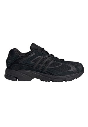 Baskets de sport noires avec panneaux en mesh et en suède, design à lacets, semelle rembourrée et les trois bandes caractéristiques sur le côté.