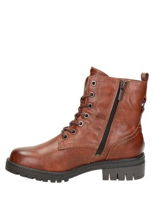 Bottines à lacets marron en cuir synthétique. Caractéristiques : zip latéral, bout rond, surface texturée et talon empilé noir.