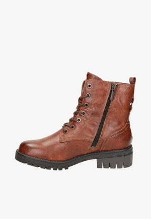 Bottines à lacets marron en cuir synthétique. Caractéristiques : zip latéral, bout rond, surface texturée et talon empilé noir.
