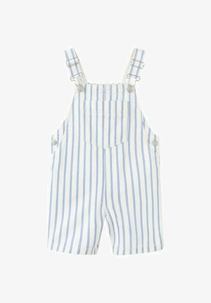 Bijele kratke hlače s vertikalnim svijetloplavim prugama, prednjim džepom na prsima, podesivim naramenicama i bočnim gumbima.