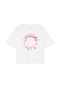 Weißes Baumwoll-T-Shirt mit kurzen Ärmeln, das ein kreisförmiges Grafikdesign mit den Worten "AWESOME LOVE" in rosa und orange im Stil von tropfender Farbe zeigt.
