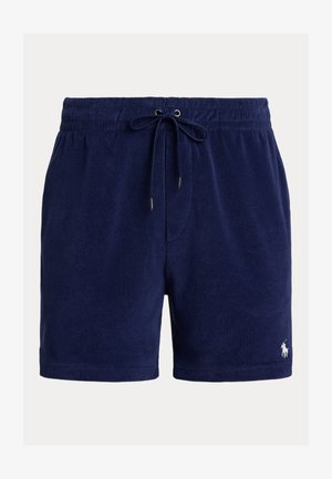 Tmavomodré šortky z froté látky s elastickým pásom, sťahovacou šnúrkou a malým bielym logom v ľavom dolnom rohu.