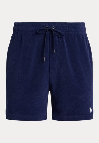 Σορτς από πετσέτα σε σκούρο μπλε χρώμα με ελαστική μέση, κορδόνι για δέσιμο και μικρό λευκό λογότυπο στο κάτω αριστερό μέρος.