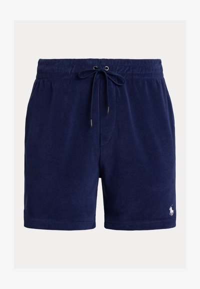 Σορτς από πετσέτα σε σκούρο μπλε χρώμα με ελαστική μέση, κορδόνι για δέσιμο και μικρό λευκό λογότυπο στο κάτω αριστερό μέρος.