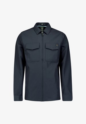Veste zippée bleu marine en tissu durable, avec un col, des manches longues et deux poches poitrine pour le rangement.
