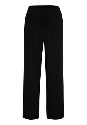 Pantaloni negri, ușori, cu o croială lejeră. Au un talie elastică cu șnur și picioare drepte. Textură netedă, fără modele.