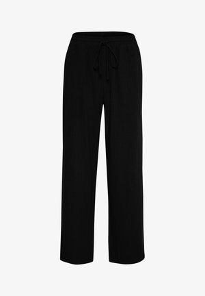Schwarze, leichte Hosen mit lockerer Passform. Sie verfügen über einen elastischen Bund mit Kordelzug und gerade Beine. Glatte Textur, ohne Muster.