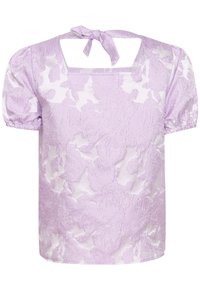 Blusa corta a maniche corte in jacquard floreale lilla con scollatura quadrata e chiusura a fiocco sul retro.