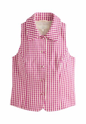 Bezruký lněný vesta v růžovo-krémovém kostkovaném vzoru, s špičatým límečkem a pěti knoflíky vpředu.
