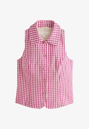 Bezruký lněný vesta v růžovo-krémovém kostkovaném vzoru, s špičatým límečkem a pěti knoflíky vpředu.