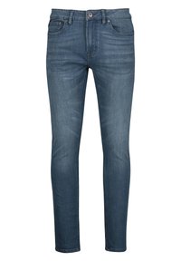 Slim Fit Jeans aus dunkelblauem Denim mit leicht verwaschenem Finish, ausgestattet mit fünf Taschen, Gürtelschlaufen und einem Metallknopfverschluss.