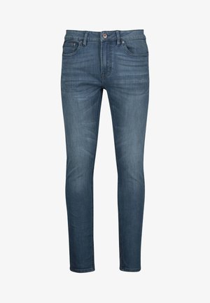 Chudé rifles v tmavomodrom denime s jemne vyblednutým povrchom, s piatimi vreckami, pútkami na opasok a kovovým zapínaním na gombík.