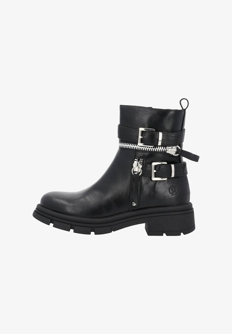 Bottine en cuir noir avec semelle épaisse, deux boucles argentées, un détail de fermeture éclair horizontale et une languette à l'arrière.