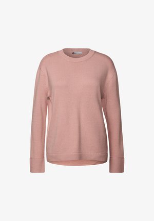 Hellrosa Pullover mit Rundhalsausschnitt, langen Ärmeln, gerippten Bündchen und Saum, aus strukturiertem Strickstoff gefertigt.