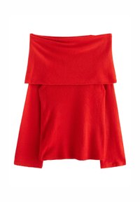 Rød off-shoulder sweater med en blød tekstur, bred udskæring og lange ærmer. Stoffet har en glat finish og ribbede manchetter.