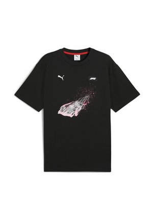 Black cotton t-shirt featuring a graphic of a racing car with pink accents and splatter design; includes Puma and Formula 1 logos.