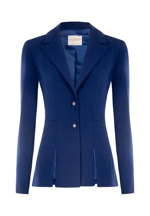 Veste cintrée bleu marine avec revers à encoches, deux boutons sur le devant, manches longues et fentes latérales, fabriquée en Italie.