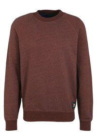 Sudadera marrón rojizo con un acabado texturizado, cuello y puños acanalados, y un parche de logo en la parte inferior izquierda. Presenta mangas raglán.
