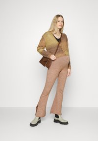 Cardigã castanho com padrão de cores em degradê, com uma única fileira de botões, combinado com calças flare em castanho claro e botas de tornozelo verdes com solas pretas.