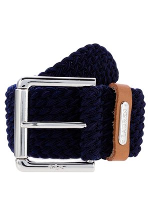 Ceinture en tissu tissé bleu marine avec boucle en métal argenté et passant en cuir beige embossé "LAUREN."