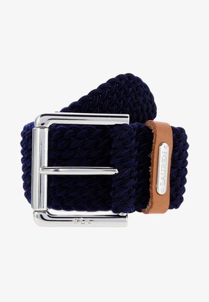 Ceinture en tissu tissé bleu marine avec boucle en métal argenté et passant en cuir beige embossé "LAUREN."