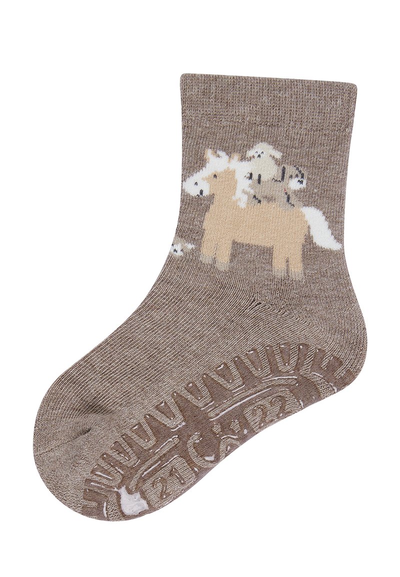 Brown child’s sock with non-slip sole grips and a design of a white dog sitting on a beige horse.