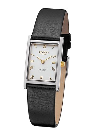 Montre carrée argentée avec cadran blanc, chiffres romains dorés et aiguilles, bracelet en cuir noir, et couronne dorée sur le côté.