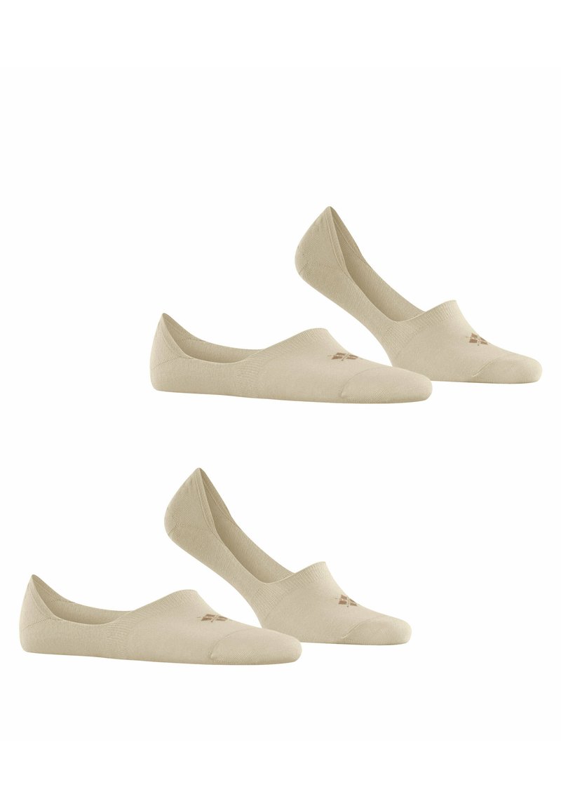 Beige, niedrig geschnittene Socken aus einem weichen Stoff mit glatter Textur. Sie haben eine abgerundete Zehenpartie und ein dezentes Logo im Zehenbereich.