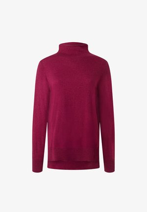 Burgundské rolákové svetr, pletená textura, dlouhé rukávy, mírně asymetrický spodní lem, žebrované manžety a lem, měkký materiál.