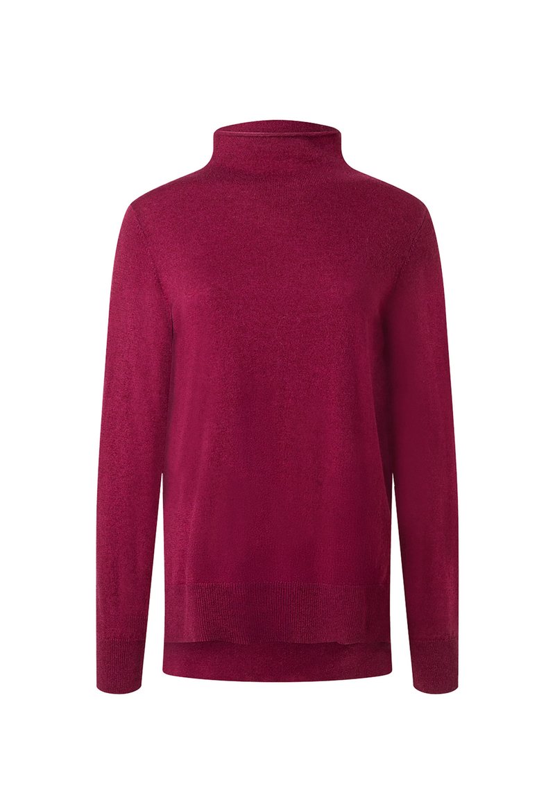 Burgunderfarbenes Rollkragensweater, gestrickte Textur, lange Ärmel, leicht asymmetrischer Saum, gerippte Bündchen und Saum, weiches Material.