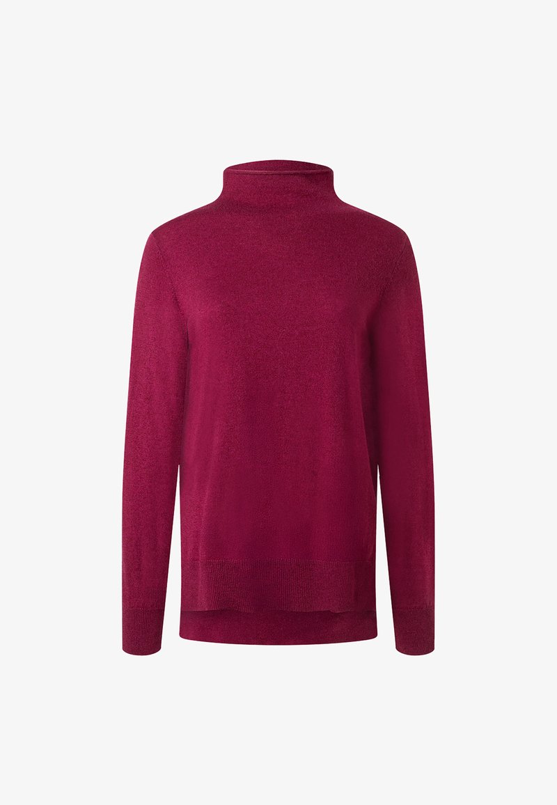 Burgunderfarbenes Rollkragensweater, gestrickte Textur, lange Ärmel, leicht asymmetrischer Saum, gerippte Bündchen und Saum, weiches Material.