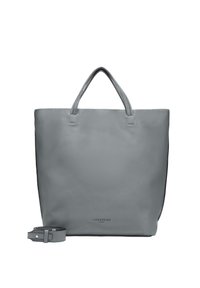 Graue Leder-Tote-Tasche mit doppelten Griffen, minimalistisches Design, rechteckige Form, glatte Textur und abnehmbarer Schulterriemen. Mit Logo am Boden.