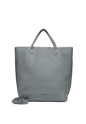 Graue Leder-Tote-Tasche mit doppelten Griffen, minimalistisches Design, rechteckige Form, glatte Textur und abnehmbarer Schulterriemen. Mit Logo am Boden.