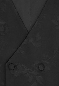 Czarna kamizelka dwurzędowa z kwiatowym wzorem jacquard, o gładkiej fakturze i dwóch okrągłych czarnych guzikach z przodu.