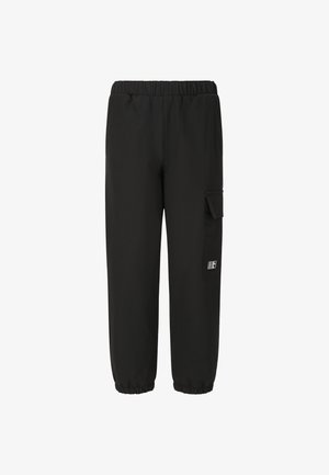 Musta cargo-housut, joissa on joustava vyötärö, kapenevat lahkeet, sivutasku ja logo-yksityiskohta, valmistettu sileästä ja kevyestä kankaasta.