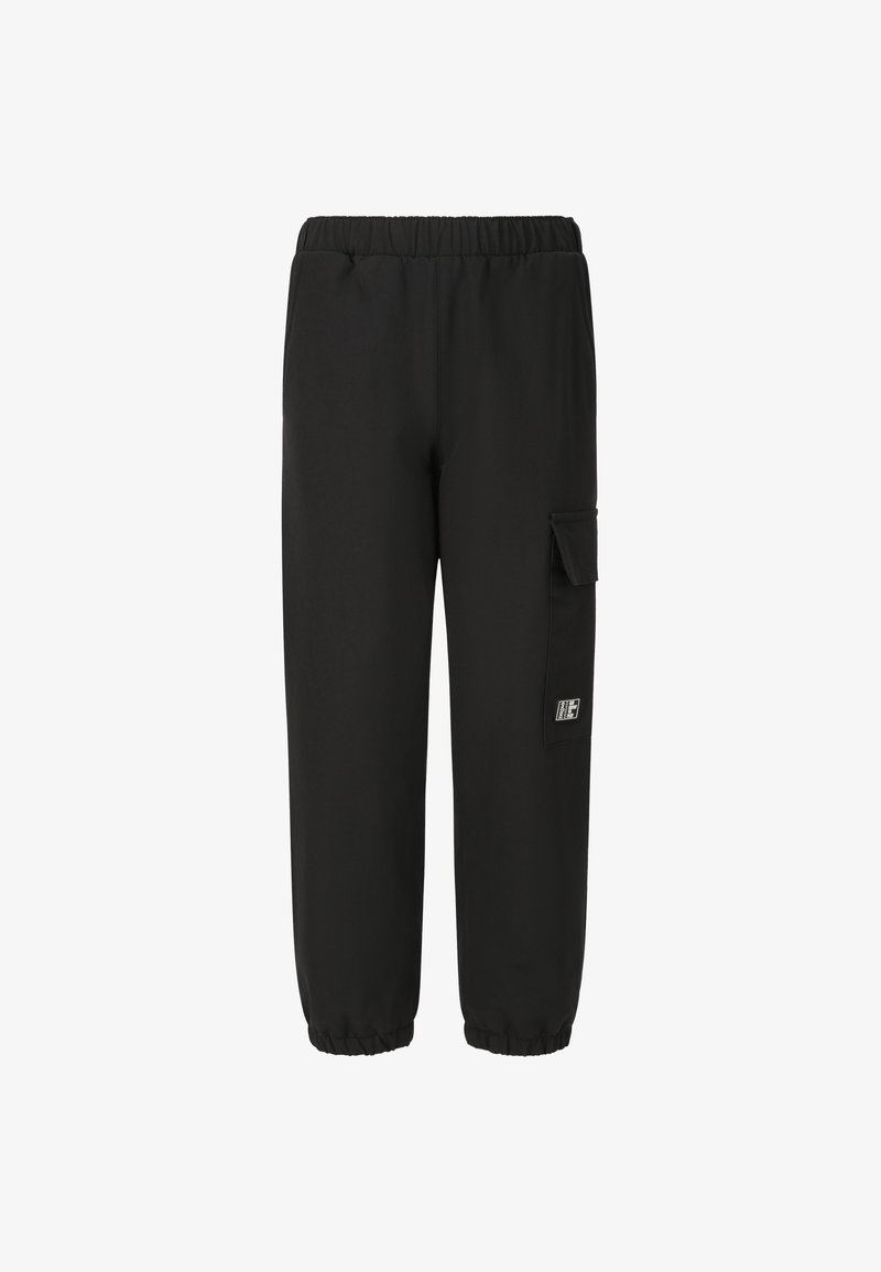 Black cargo pants with an elastic waistband, tapered cuffs, side pocket, and logo detail, made from smooth, lightweight fabric.