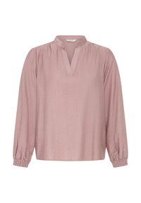 Helle rosa Bluse mit langen Ärmeln und lockerem Schnitt, V-Ausschnitt und gerafften Manschetten. Aus strukturiertem Stoff für eine weiche Haptik gefertigt.