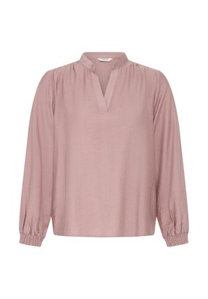 Blusa de manga larga rosa claro con un corte relajado, escote en V y puños fruncidos. Hecha de una tela texturada para un acabado suave.