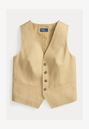 Vestă bej de in, cu decolteu adânc în V, cinci nasturi maro în față și două buzunare în față. Textură fină, croială ajustată și tiv ușor curbat în partea de jos.