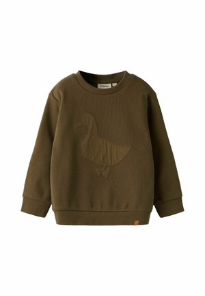 Sweat-shirt enfant vert olive à manches longues en maille gaufrée avec une grande silhouette de canard cousue sur le devant.