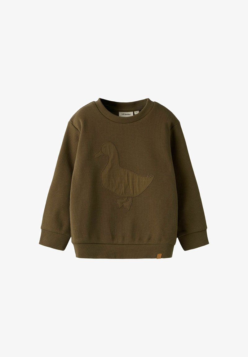 Sweat-shirt enfant vert olive à manches longues en maille gaufrée avec une grande silhouette de canard cousue sur le devant.