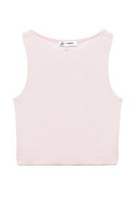 Mouwloos shirt in zachtroze katoen. Ronde halslijn en minimale naden, met een licht gestructureerd oppervlak en label aan de binnenkant.