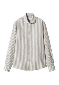 Gestreiftes Hemd mit Knöpfen in Hellgrau und Weiß, mit spitzem Kragen, langen Ärmeln und geradem Saum mit Manschettendetails.