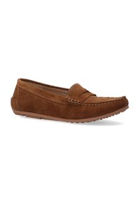 Braune Wildleder-Slipper mit einer gestickten Akzentuierung am Blatt und flexibler Gummisohle, entworfen für Komfort und einfache Handhabung.