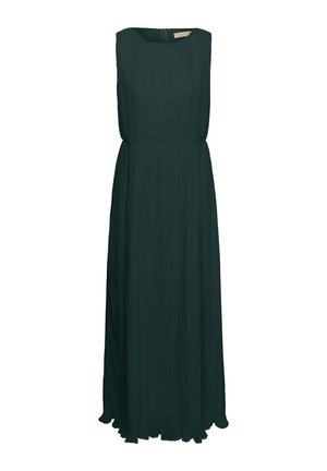 Robe longue sans manches vert foncé avec tissu plissé, encolure ronde, taille cintrée et fermeture éclair au dos.
