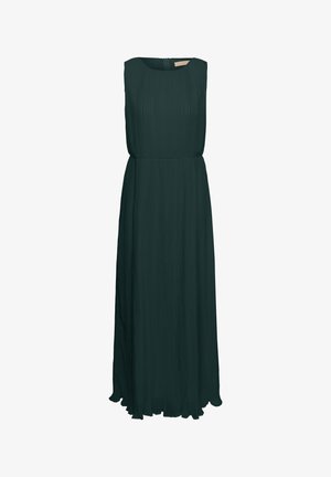 Robe longue sans manches vert foncé avec tissu plissé, encolure ronde, taille cintrée et fermeture éclair au dos.