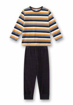 Langärmliges Kinderoberteil mit blauen, orangefarbenen, weißen und schwarzen horizontalen Streifen, kombiniert mit schwarzen elastischen Bundhosen.