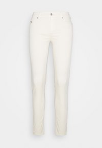 Pantalones ajustados en color beige hechos de algodón. Con bolsillos frontales, cierre de botón y piernas rectas con una textura suave.