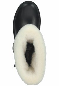 Bottines noires avec une tige en cuir lisse, doublure en fausse fourrure blanche et bout rond. Présente un design confortable à enfiler.